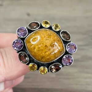 Nicky Butler Sterling Silver Goldy Quartz Multi Gem Marquise Ring